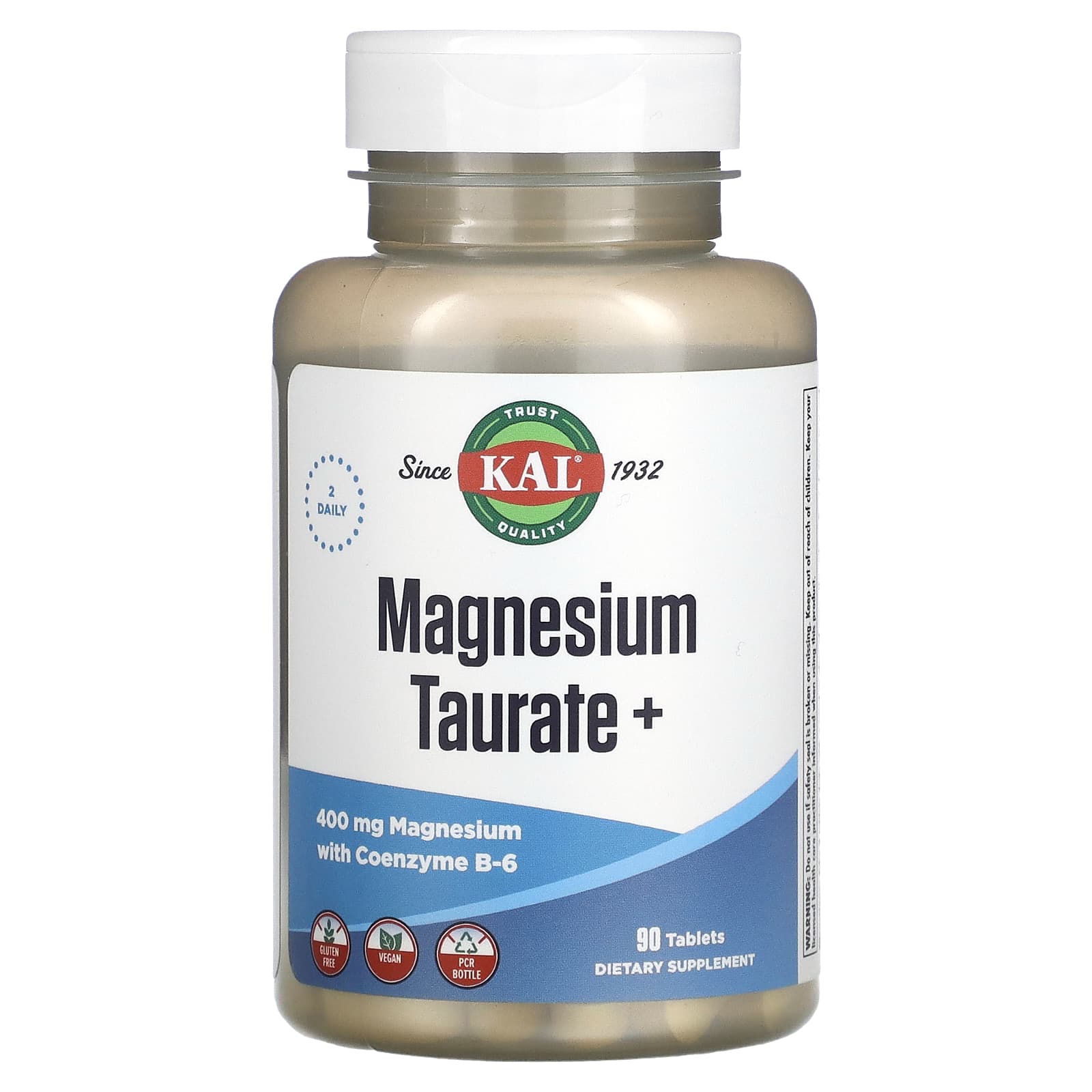 Supplement bottle labeled 'Magnesium Taurate+' by KAL on a white background
