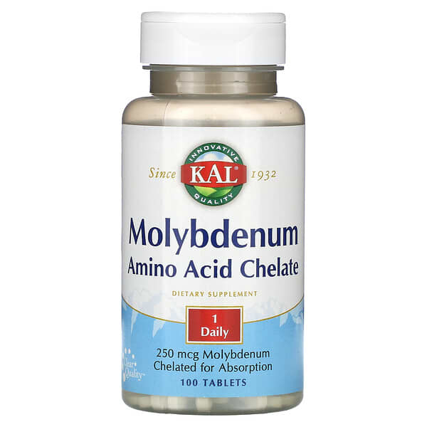 Supplement bottle labeled 'Molybdenum Amino Acid Chelate' by KAL on a white background