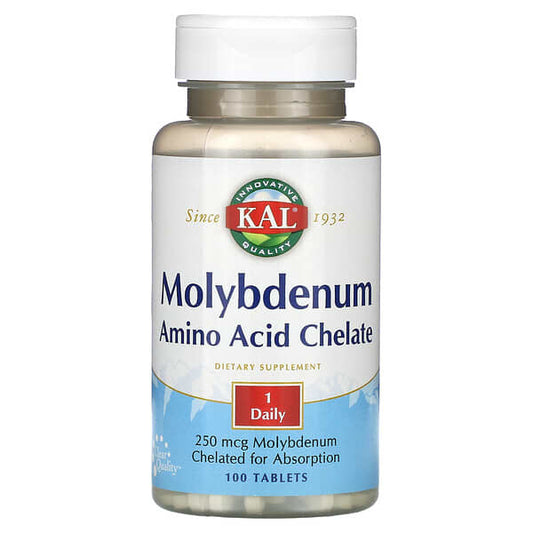 Supplement bottle labeled 'Molybdenum Amino Acid Chelate' by KAL on a white background