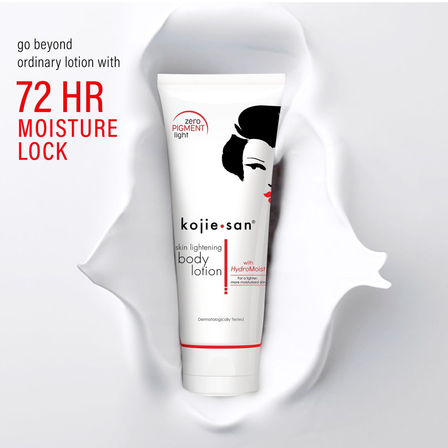 Kojie San skin lightening body lotion with 72 HR moisture lock on a white background