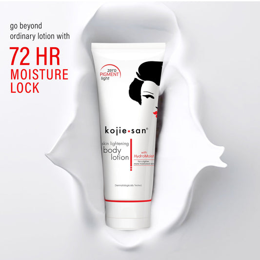 Kojie San skin lightening body lotion with 72 HR moisture lock on a white background