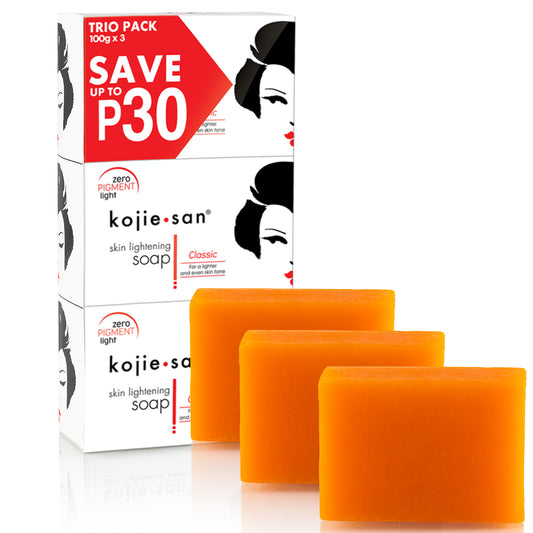 Kojie San skin lightening soap trio pack with three bars of soap on a white background