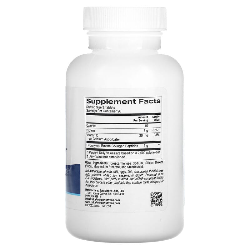 Collagen Type I & III supplement bottle by Lake Avenue Nutrition on a white background