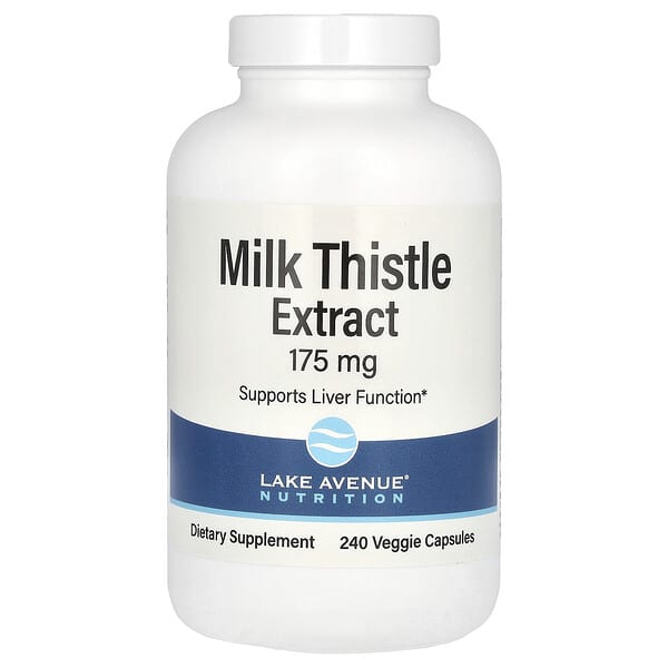 Bottle of Milk Thistle Extract supplement with Lake Avenue Nutrition label on a white background