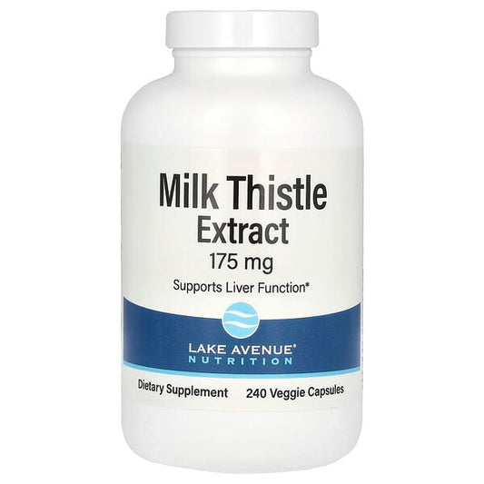 Bottle of Milk Thistle Extract supplement with Lake Avenue Nutrition label on a white background