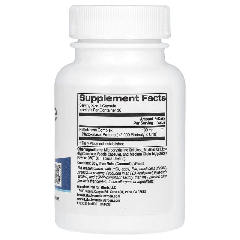 Bottle of Nattokinase supplement with Lake Avenue Nutrition label on a white background