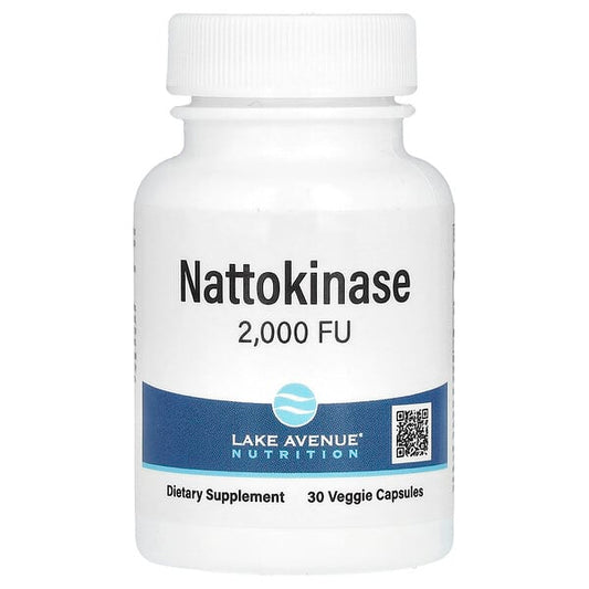 Bottle of Nattokinase supplement with Lake Avenue Nutrition label on a white background