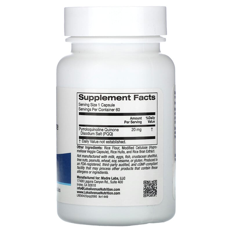 Supplement bottle labeled 'PQQ' by Lake Avenue Nutrition on a white background