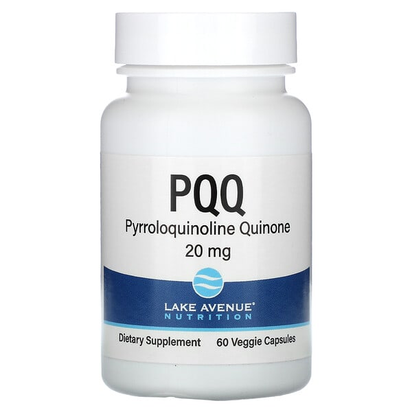 Supplement bottle labeled 'PQQ' by Lake Avenue Nutrition on a white background