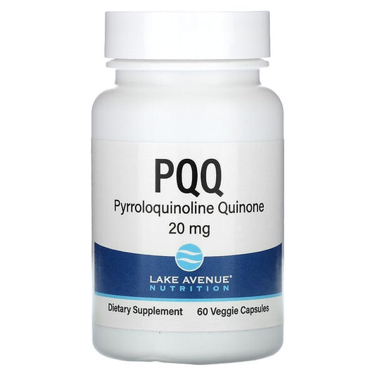 Supplement bottle labeled 'PQQ' by Lake Avenue Nutrition on a white background
