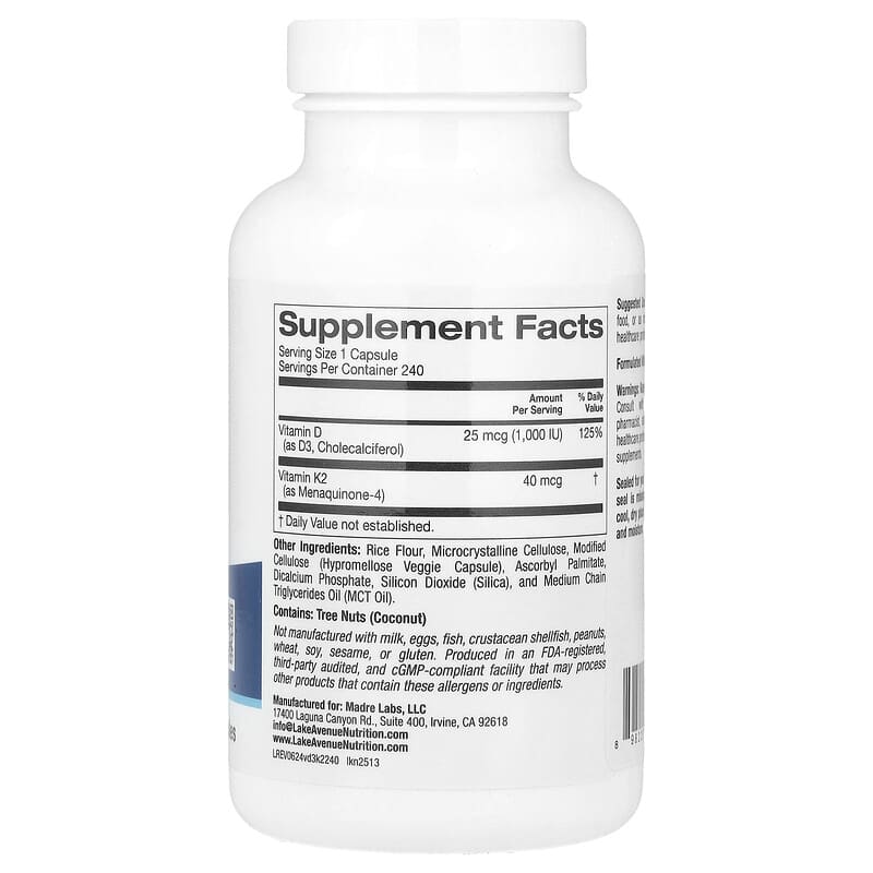 Vitamin D3 + K2 supplement bottle from Lake Avenue Nutrition on a white background