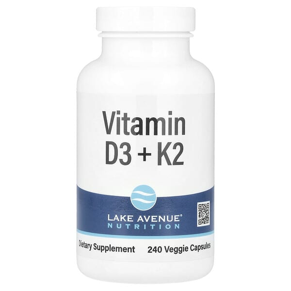 Vitamin D3 + K2 supplement bottle from Lake Avenue Nutrition on a white background