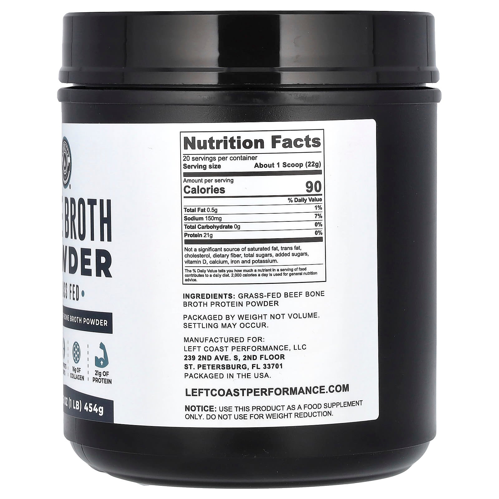 Left Coast Performance, Bone Broth Powder, Beef, (454 G)