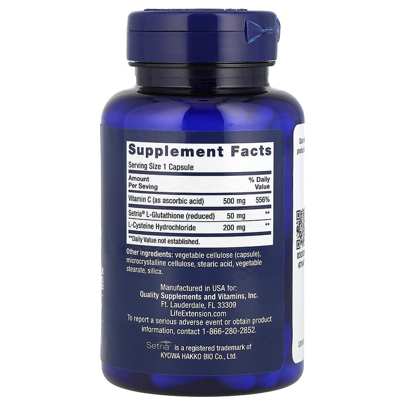 Blue supplement bottle labeled 'Life Extension' with glutathione, cysteine, and C on a white background