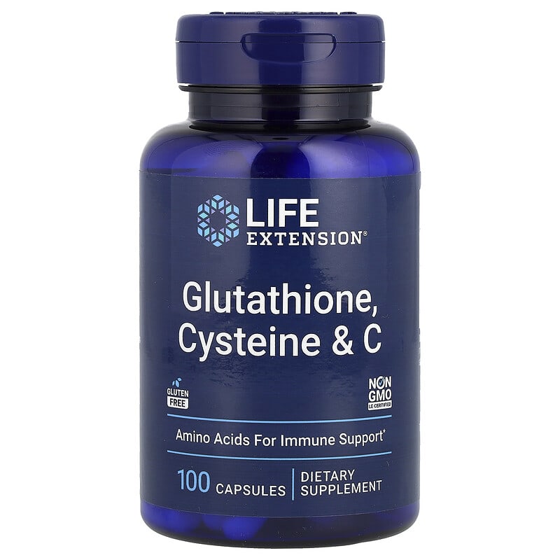 Blue supplement bottle labeled 'Life Extension' with glutathione, cysteine, and C on a white background