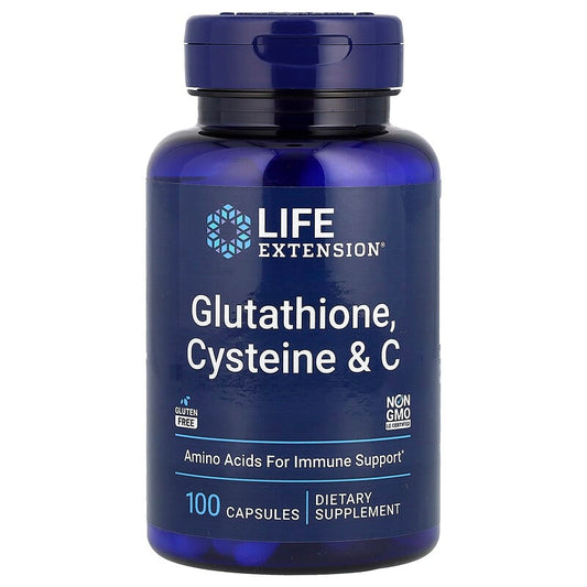 Blue supplement bottle labeled 'Life Extension' with glutathione, cysteine, and C on a white background