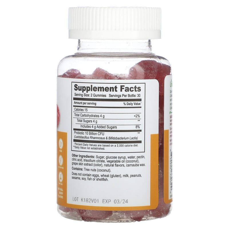 Supplement bottle with gummy vitamins and visible label on a white background