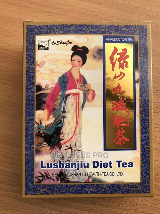 Lushanjiu Diet Tea packaging with an illustration of a woman on a wooden surface