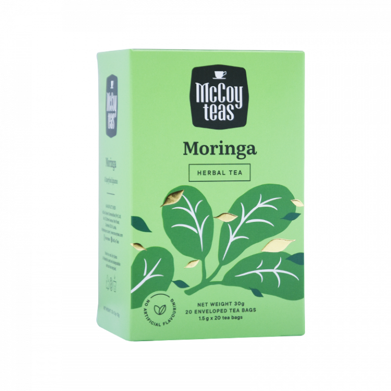 Box of McCoy Teas Moringa herbal tea on a white background