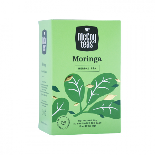 Box of McCoy Teas Moringa herbal tea on a white background