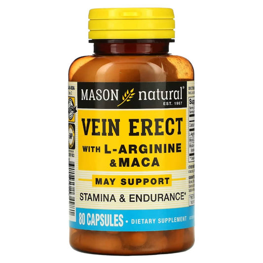 Mason Natural Vein Erect supplement bottle with yellow and brown label on a white background