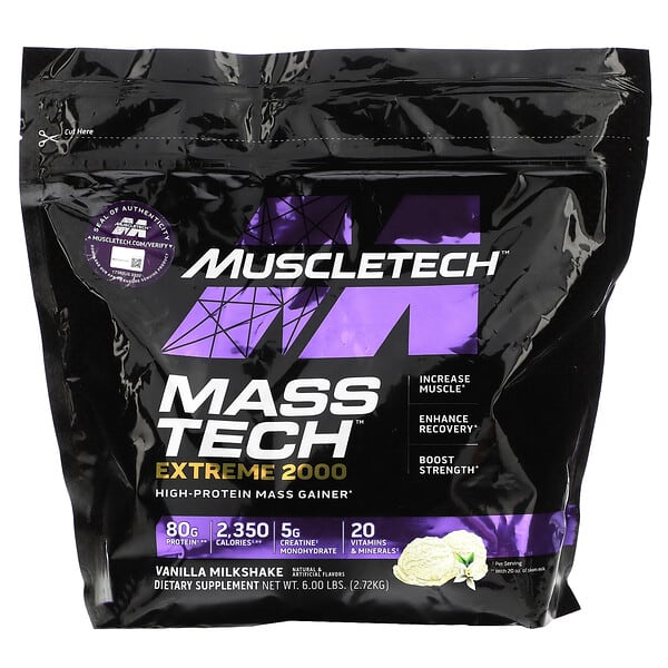 Muscletech Mass Tech Extreme 2000 supplement package on a black background