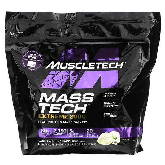 Muscletech Mass Tech Extreme 2000 supplement package on a black background