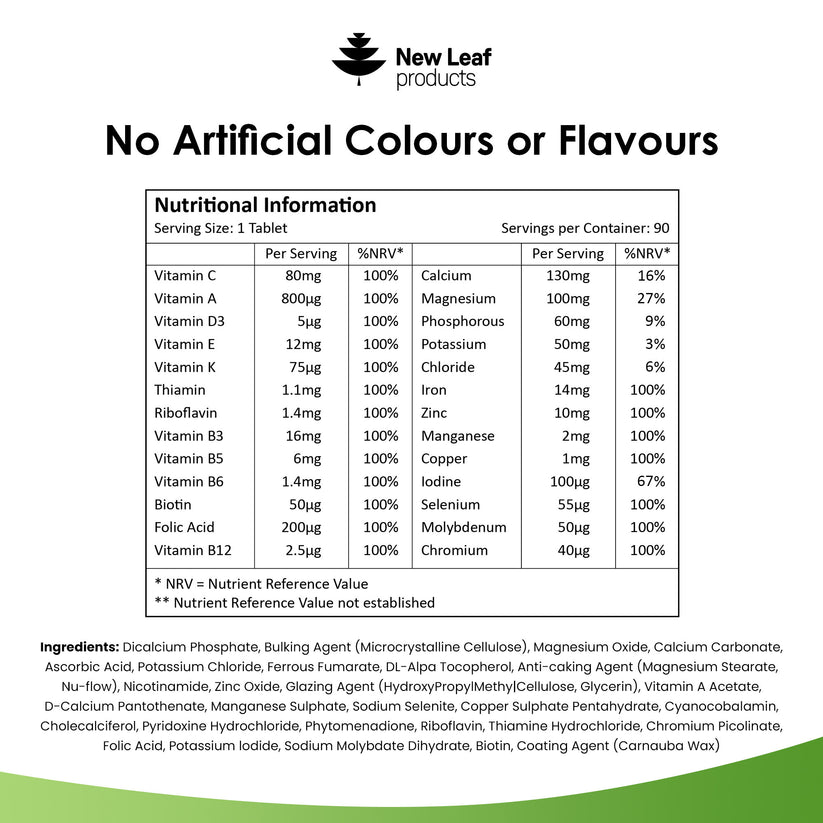 Nutritional information label for New Leaf products with a white background