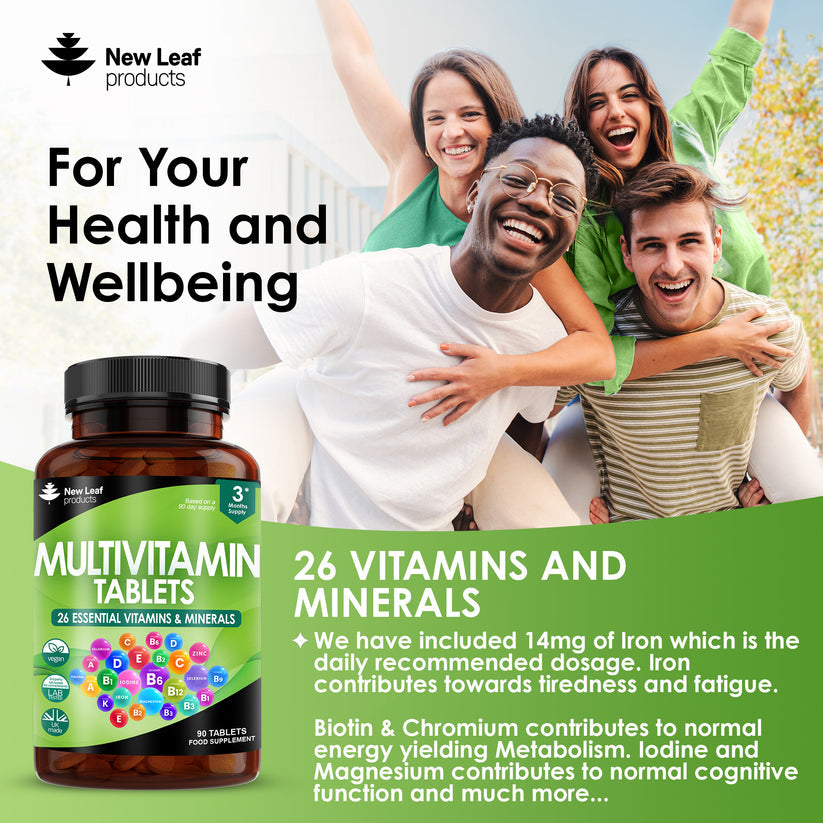 Multivitamin supplement bottle with people in the background, promoting health and wellbeing.