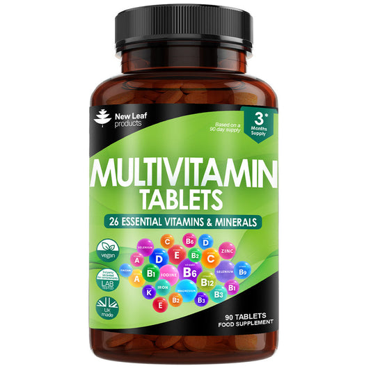 Multivitamin tablet bottle with colorful labels on a white background