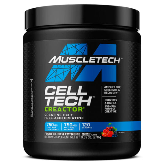 Black container of Muscletech Cell Tech Reactor supplement on a white background