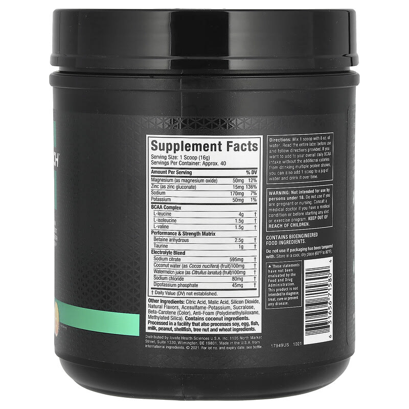 Black supplement container with supplement facts label on a white background