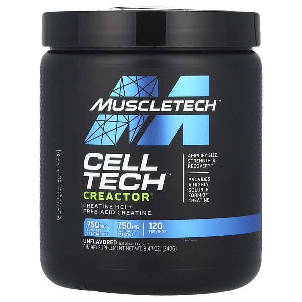 Black container of Muscletech Cell Tech Creactor supplement on a white background