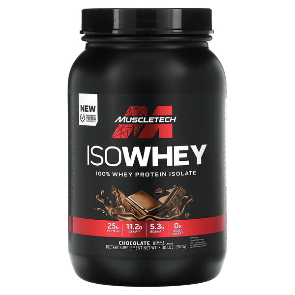 Muscletech ISOWhey protein powder container on a white background