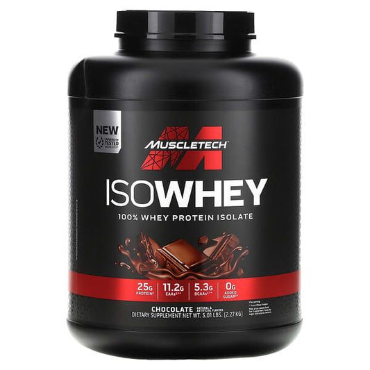 Muscletech ISOWhey protein powder container on a white background