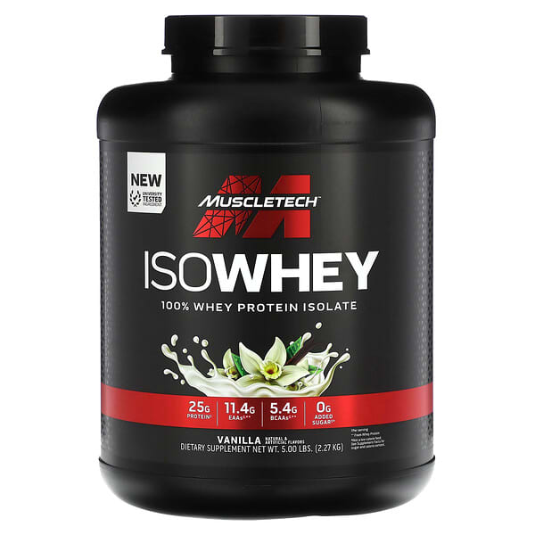 Muscletech ISOWhey protein supplement container on a white background