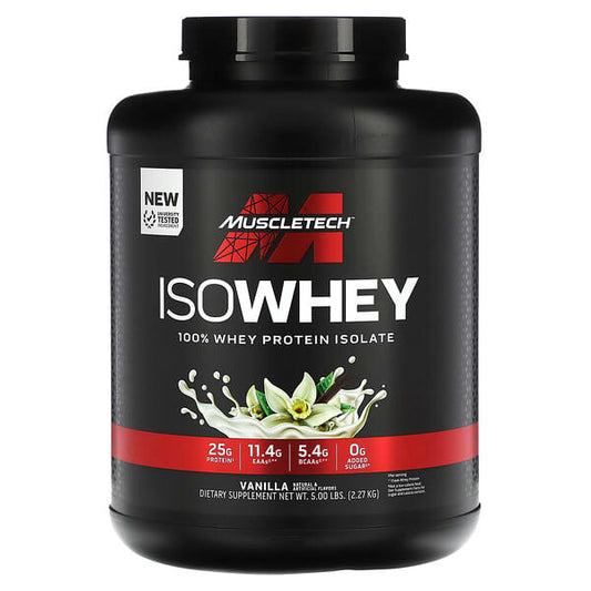 Muscletech ISOWhey protein supplement container on a white background