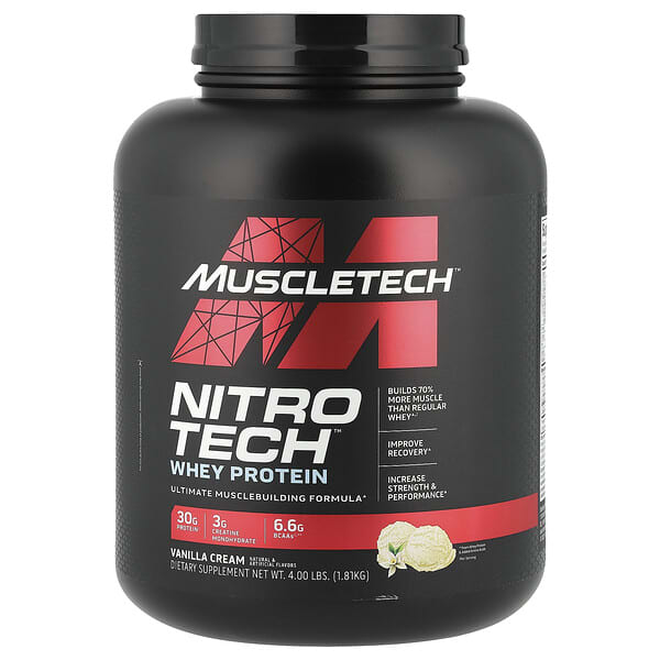 Muscletech Nitro Tech Whey Protein container on a white background