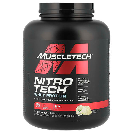 Muscletech Nitro Tech Whey Protein container on a white background