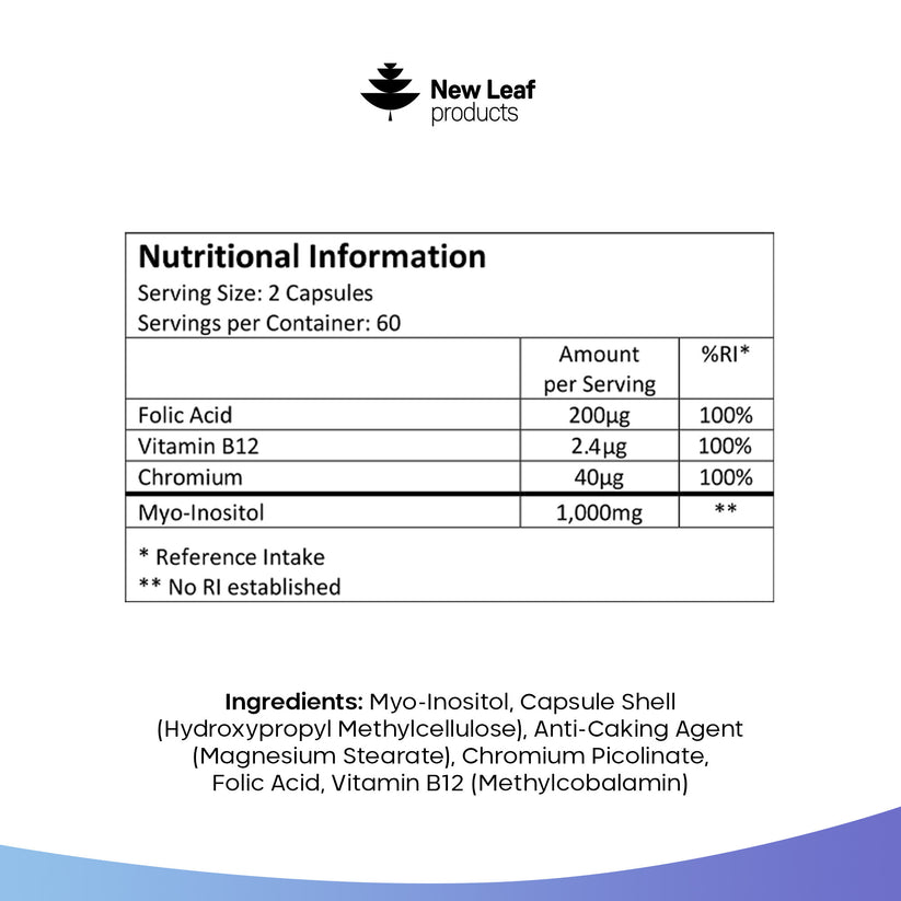 Nutritional information label for New Leaf products on a white background