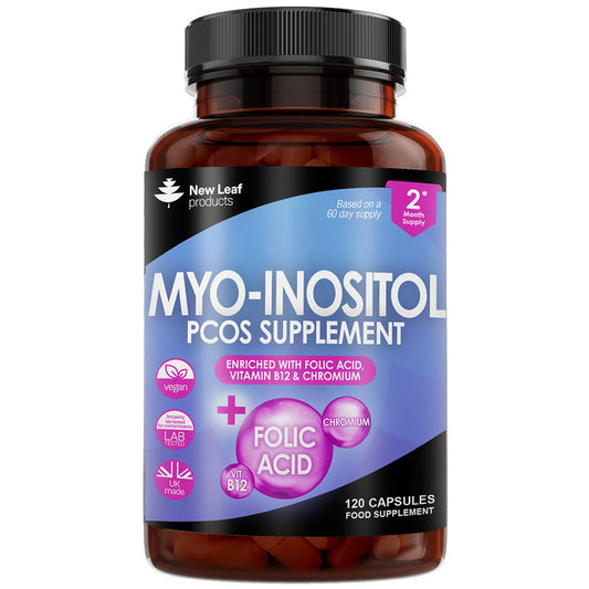 Supplement bottle labeled 'MYO-INOSITOL PCOS SUPPLEMENT' by New Leaf products on a white background.