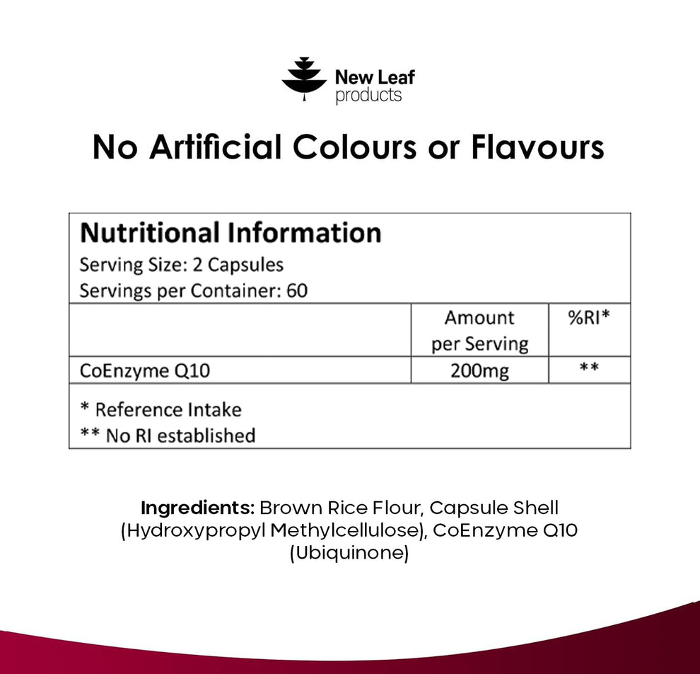 Nutritional information label for a supplement product by New Leaf Products.