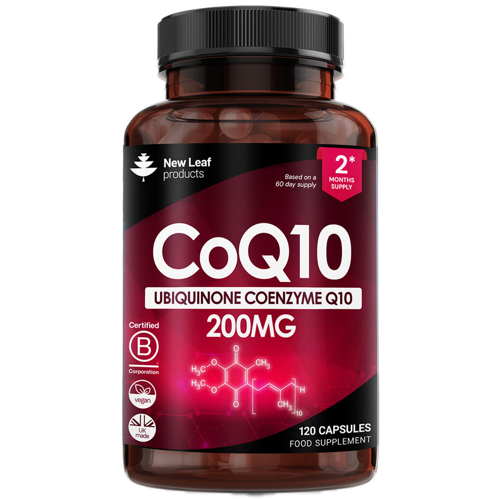 CoQ10 supplement bottle with red label on a white background