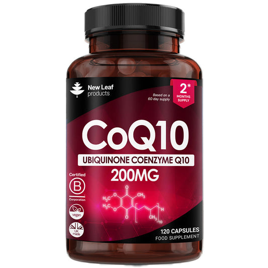 CoQ10 supplement bottle with red label on a white background