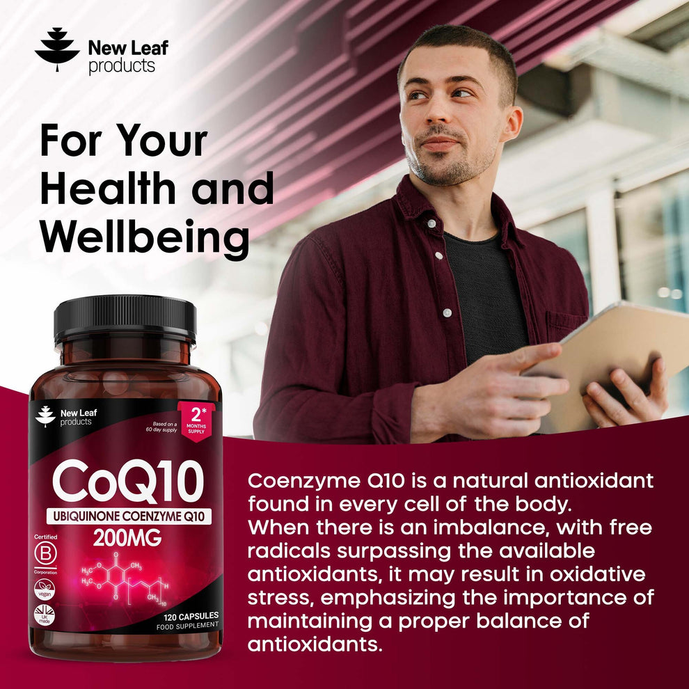 CoQ10 supplement bottle with a man holding a tablet, New Leaf Products branding.
