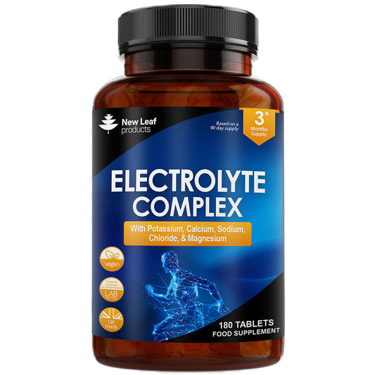 Bottle of New Leaf products Electrolyte Complex supplement on a white background