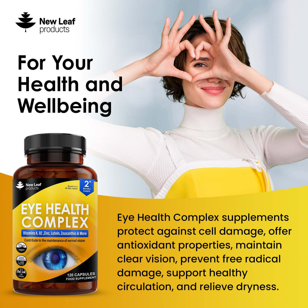 New Leaf Eye Health Complex supplement bottle with a person making a heart shape with their hands, on a light gray background.