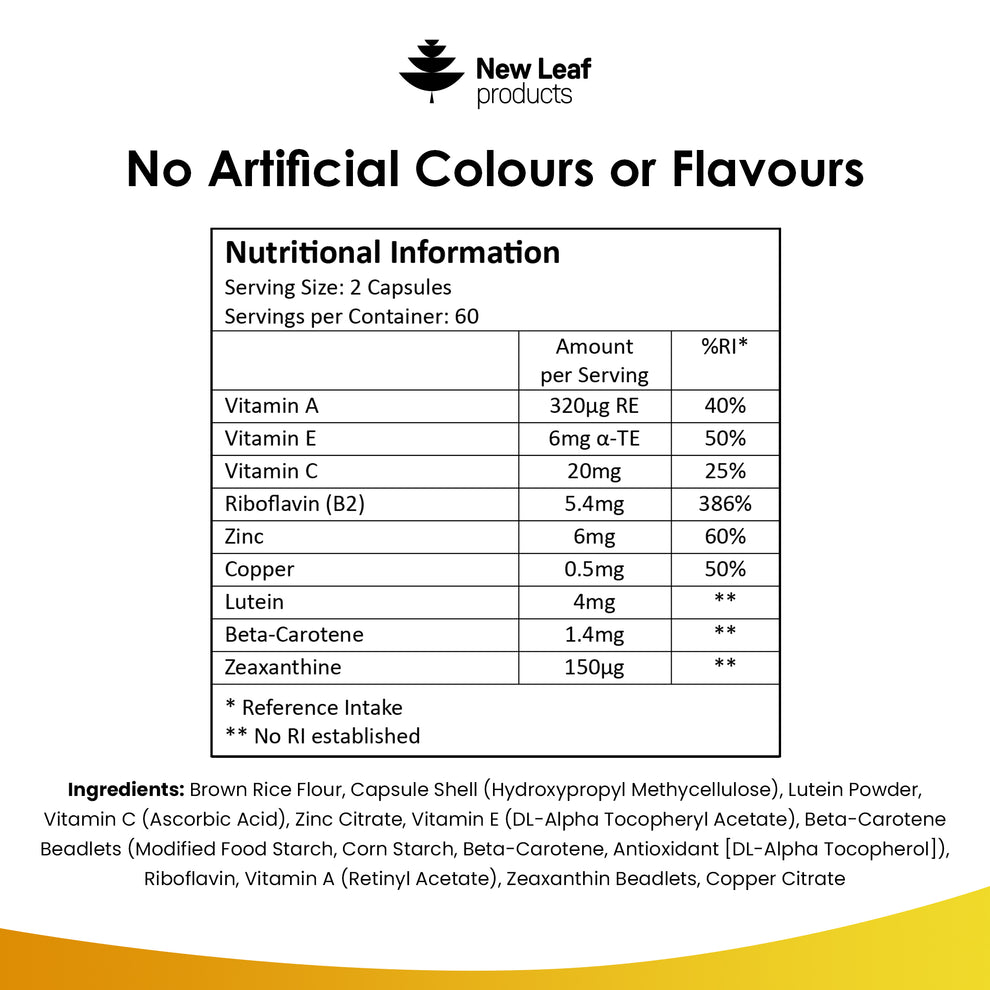 Nutritional information label for New Leaf products on a white background