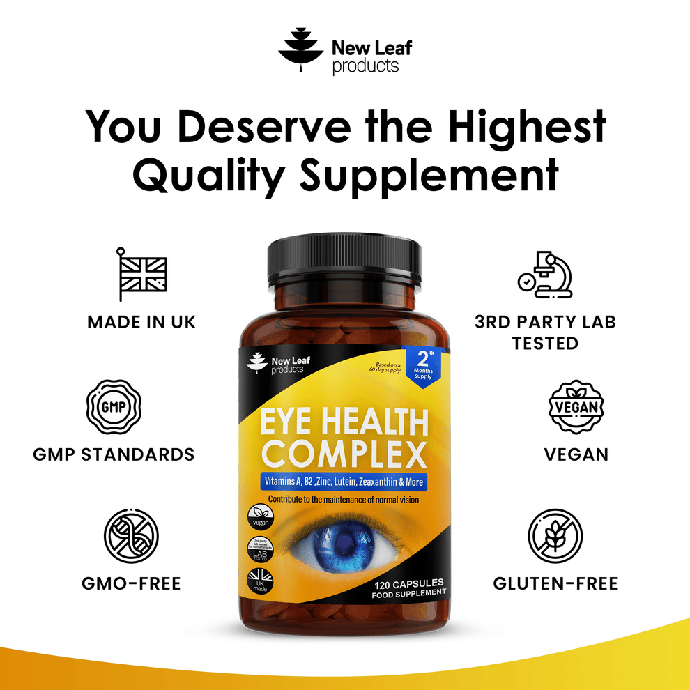 Eye health complex supplement bottle with New Leaf products branding and quality certification icons on a white background.