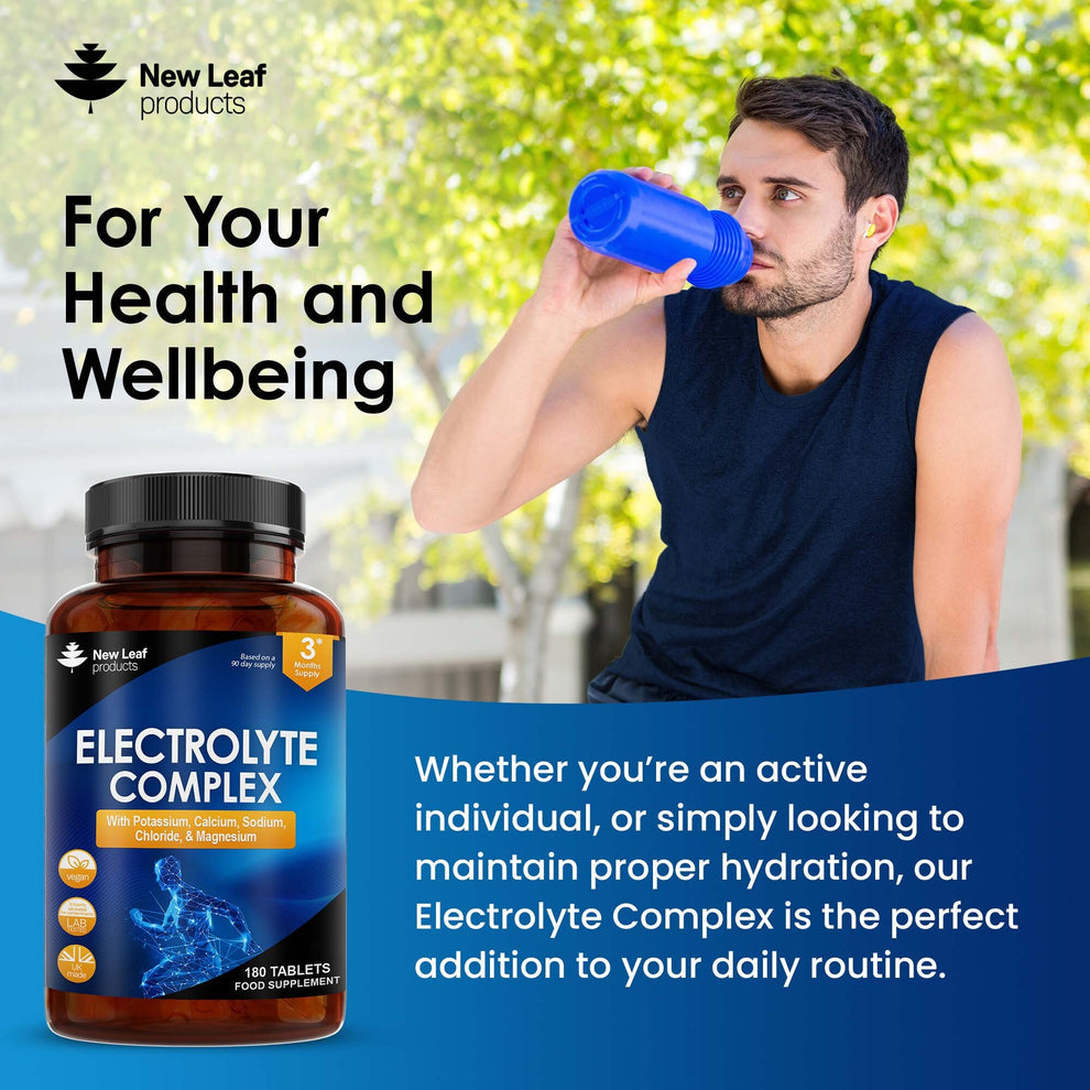 Man drinking from a blue cup with New Leaf Products electrolyte complex supplement bottle and text about health and wellbeing.